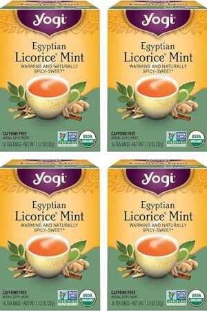 Yogi Tea Egyptian Licorice Mint Tea - 16 Tea Bags per Pack (4 Packs) - Caffeine-Free Organic Tea - Includes Peppermint Leaf, Licorice Root, Cinnamon Bark, Cardamom Pod, Ginger Root & More