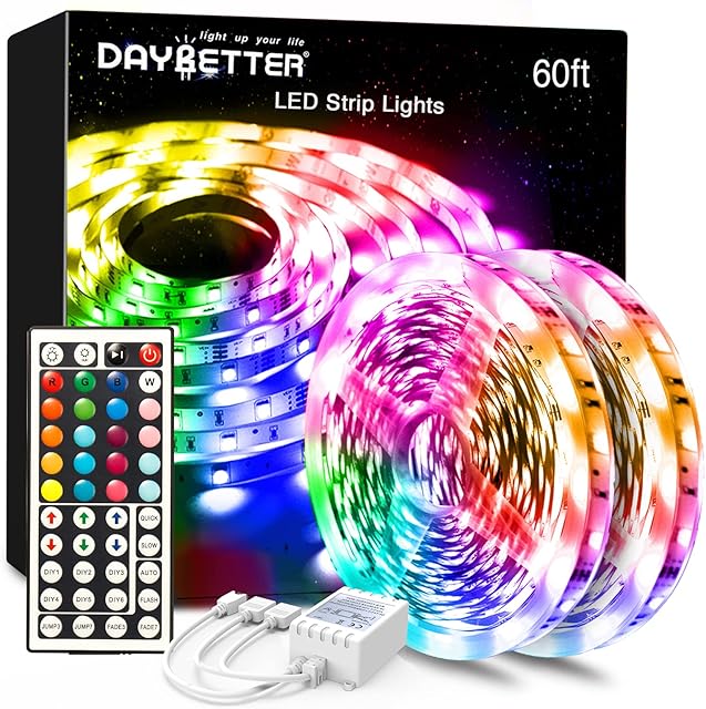 DAYBETTER Led Lights Color Changing Led Strip Lights with Remote Controller 60 ft, 2 Rolls of 30 ft Led Lighting for Bedroom, Home Decoration