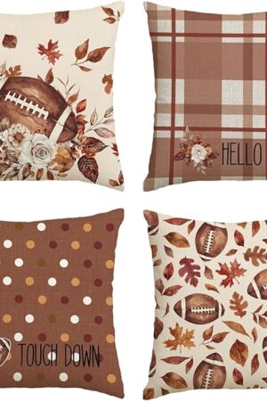 AVOIN colorlife Hello Fall Football Touch Down Throw Pillow Covers, 18 x 18 Inch Autumn Maple Leaf Flowers Thanksgiving Harvest Decorations for Sofa Couch Set of 4