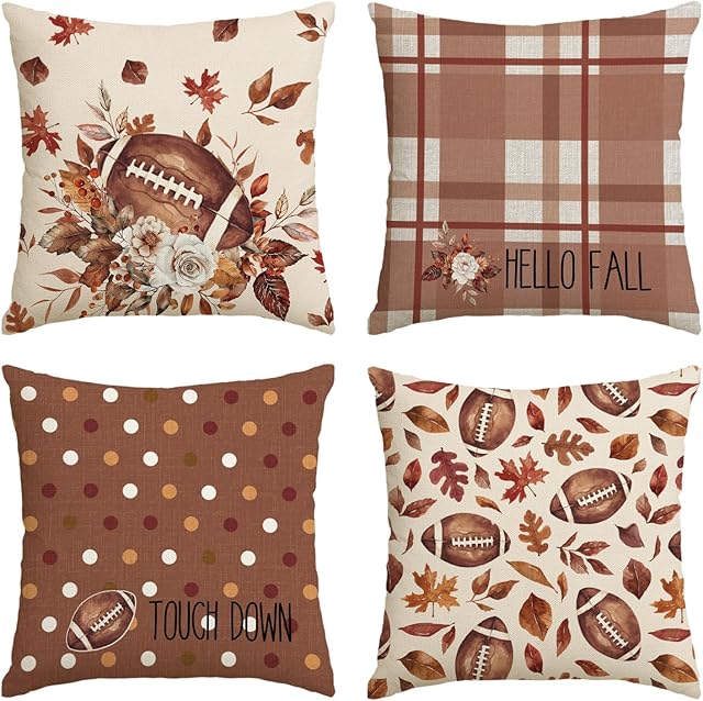 AVOIN colorlife Hello Fall Football Touch Down Throw Pillow Covers, 18 x 18 Inch Autumn Maple Leaf Flowers Thanksgiving Harvest Decorations for Sofa Couch Set of 4