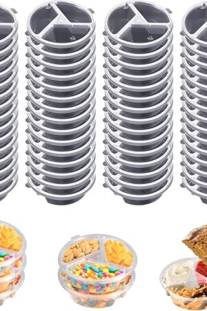 30 Pcs 3 Compartment Condiment Containers with Lids Disposable Sauce Cups 5 oz Small Plastic Snack Containers Portion Cups for Salsa Dips Dressing