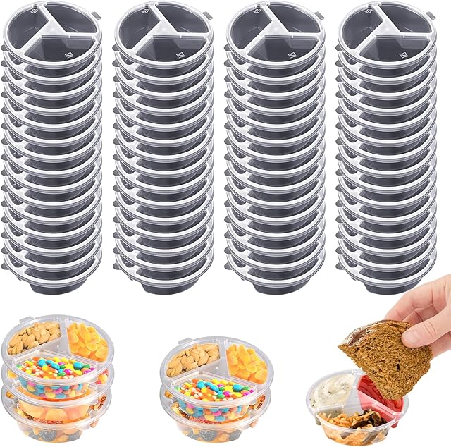30 Pcs 3 Compartment Condiment Containers with Lids Disposable Sauce Cups 5 oz Small Plastic Snack Containers Portion Cups for Salsa Dips Dressing