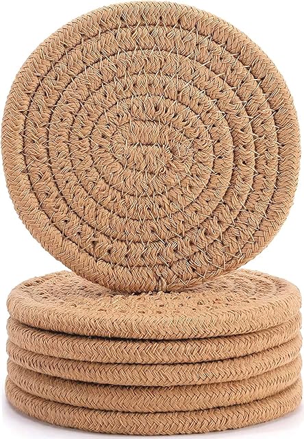 ABenkle Woven Coasters for Drinks Set of 6, Boho Absorbent Drinking Coaster, 4.3 Inch - Perfect Housewarming Gift, Home Decor, Bar Essentials for Coffee Table