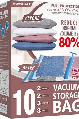 10 Space Saver Vacuum Sealed Storage Bags (2 Jumbo/2 Large/3 Medium/3 Small) with Hand Pump, Seal Bags for Clothing, Comforters, Pillows, Towel, Blanket Storage, Bedding