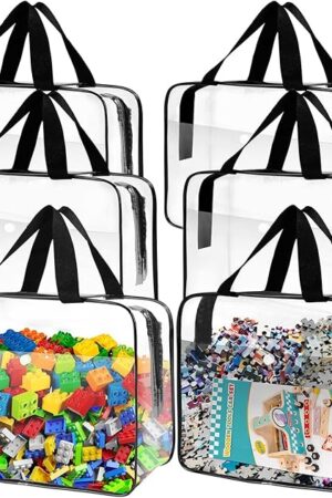 6 Packs Clear Toy Storage Bags, Large Transparent PVC Toy Organizing Bags with Zipper, Reusable Waterproof and Dust-Proof Toy Organizer Pouch for Building Blocks, Puzzles, Small Toys, and Kids Books