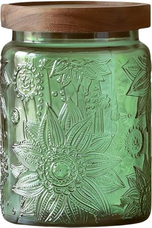 ANSQU Vintage 23.7oz Glass Storage Jar with Solid Wood Lid - Sunflower Kitchen Canister for Tea, Coffee, Candy, Cookies, Bath Salts & Laundry Detergent - Decorative Multi-Purpose Jar (Green, 1 Pack)