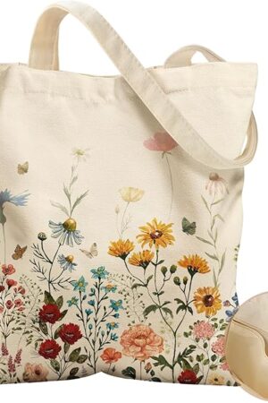 Aesthetic Tote Bag for Women- with Magnetic Buckle and Zipper Inner Pocket Cloth Cotton Canvas Tote Bags