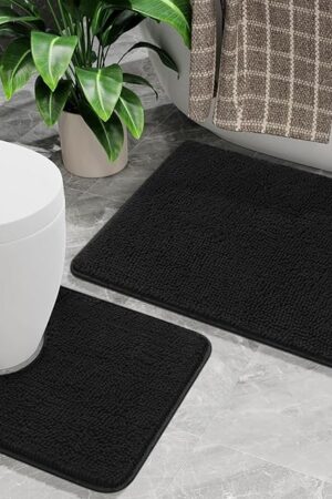 AROGAN Bathroom Rug Sets 2 Piece, 20"x20" U-Shaped Toilet Mat and 21"×34" Floor Bath Mats, Machine Washable Bath Rug Set, Absorbent and Dry Quickly, Soft Non Slip Bathroom Rug Set, Black