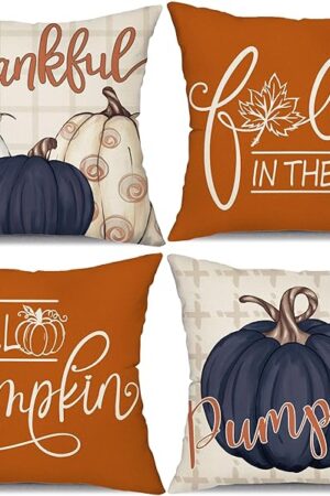 DFXSZ Fall Pillow Covers 18x18 inch Set of 4 Buffalo Plaid Fall Blue Pumpkin Throw Pillow Cover Autumn Thanksgiving Decoration for Home Couch Bed