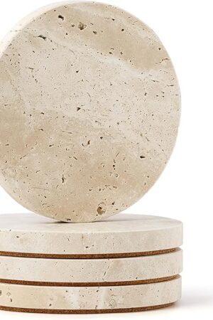 WORHE Natural Travertine Marble Coasters Set of 4-4" Round Stone Drink Coasters, Non-Slip Cork Backing, Housewarming Gift, Wedding, Protect Tables from Stains & Scratches (BD140)