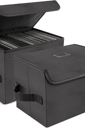 alavisxf xx 7-inch Vinyl Record Storage Box, Nylon Foldable and Stackable Set of 2 Vinyl LP Storage Organizer Case with Lid and Handle Can Hold 120 Single Record (7-inch)