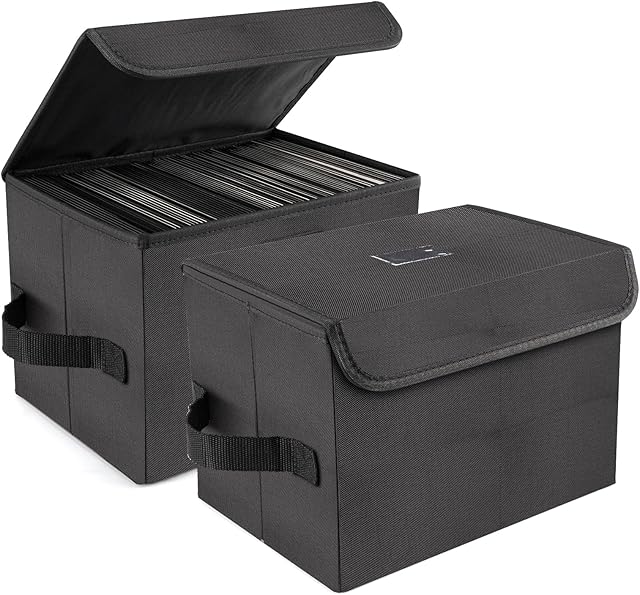 alavisxf xx 7-inch Vinyl Record Storage Box, Nylon Foldable and Stackable Set of 2 Vinyl LP Storage Organizer Case with Lid and Handle Can Hold 120 Single Record (7-inch)