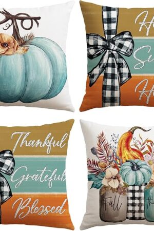 Artscope Fall Decorative Throw Pillow Covers 18x18 Inch Set of 4, Fall Pumpkin Home Sweet Home Thankful Grateful Blessed Outdoor Farmhouse Pillow Cases for Sofa Couch-Blue