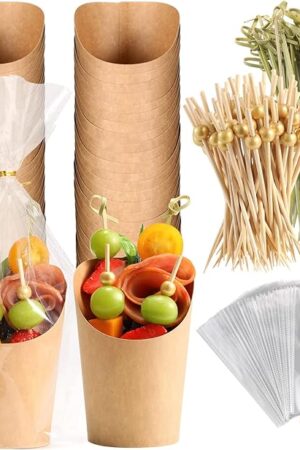 Disposable Charcuterie Cups 60 PCS with 200PCS Sticks and 60PCS Bags, 14 oz Kraft Paper Snack Boxes Appetizers Cup French Fry Holder with Cocktail Skewers Toothpicks Tooth Picks, Brown