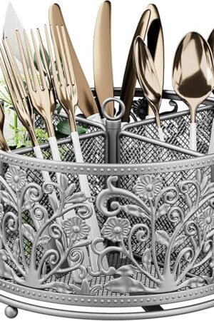 360° Rotating Utensil Caddy - Silverware Cutlery Caddy Holder with 4 Compartment, Metal Flatware Organizer Countertop with Handle for Party Camping Picnic, Kitchen Counter, Office (Silver)