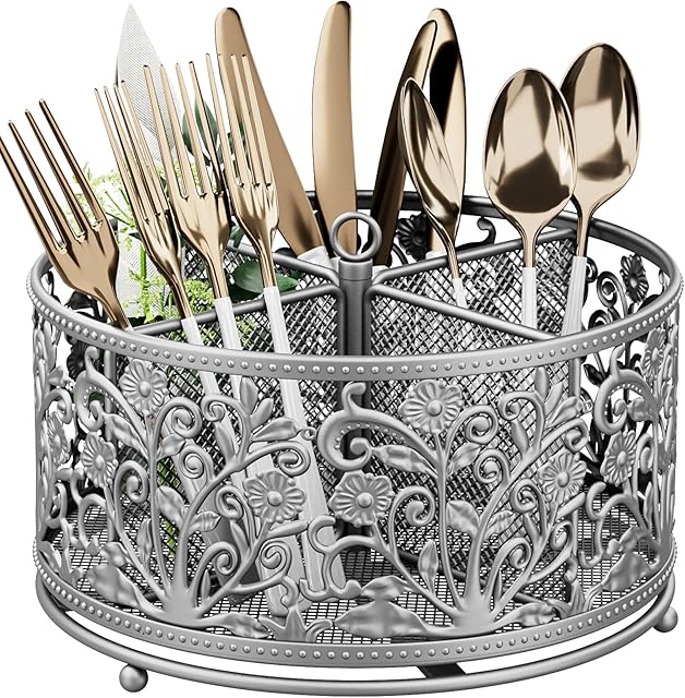 360° Rotating Utensil Caddy - Silverware Cutlery Caddy Holder with 4 Compartment, Metal Flatware Organizer Countertop with Handle for Party Camping Picnic, Kitchen Counter, Office (Silver)
