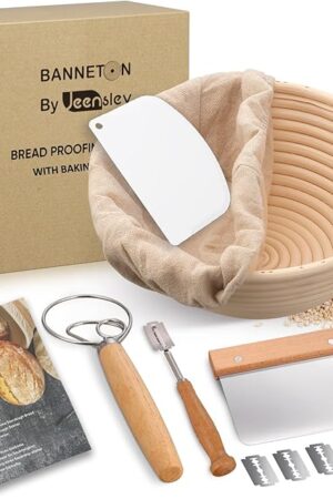 Banneton Bread Proofing Basket Set with Brochure & Baking Supplies, 9 Inch Round Proving Bowl with Liner & Making Tools, Sourdough Starter Kit, Handmade from Quality Natural Indonesian Rattan