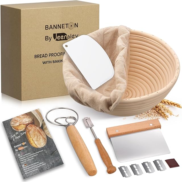 Banneton Bread Proofing Basket Set with Brochure & Baking Supplies, 9 Inch Round Proving Bowl with Liner & Making Tools, Sourdough Starter Kit, Handmade from Quality Natural Indonesian Rattan