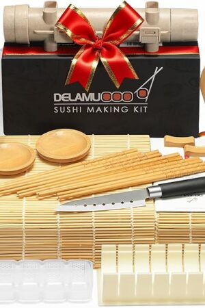 Delamu Sushi Making Kit, 20 in 1 Bazooka Roller Kit with Chef’s Knife, Bamboo Mats, Rice Mold, Temaki Sushi Mats, Rice Paddle, Spreader, Chopsticks, Sauce Dishes, Guide Book