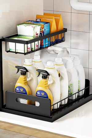 VUSIGN Under Kitchen Sink Organizer 2 Tier, Pull Out Bathroom Sink Organizers and Storage, Cabinet Kitchen Bathroom Storage Organization Shelf, 1 Pack Black