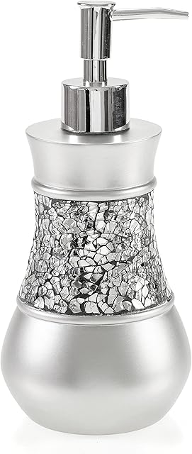 Crackled Glass Silver Hand Soap Dispenser for Bathroom, Decorative Countertop Lotion Dispenser, Elegant Liquid Soap Dispenser with Sturdy Pump for Classic Bathroom Décor
