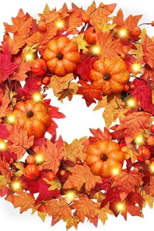 26 Inch Large Lighted Fall Wreath with Timer for Front Door- Fall Door Wreath with Thick Maple Leaves & Pumpkins, Autumn Wreaths with Lights for Thanksgiving Decor Indoor Outdoor Home Decoration