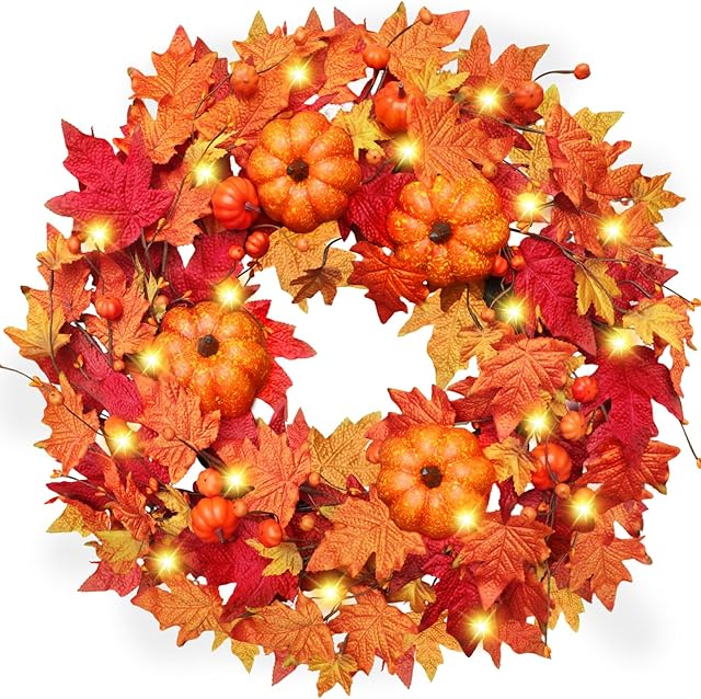 26 Inch Large Lighted Fall Wreath with Timer for Front Door- Fall Door Wreath with Thick Maple Leaves & Pumpkins, Autumn Wreaths with Lights for Thanksgiving Decor Indoor Outdoor Home Decoration