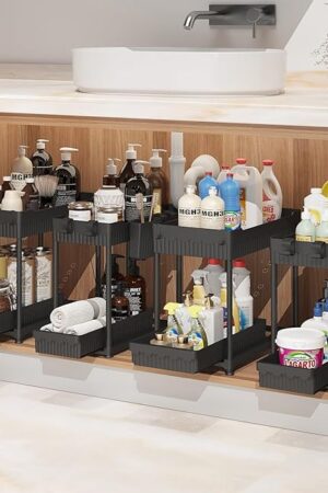 4 Pack Under Sink Organizer, Bathroom Organizers and Storage, 2 Tier Multi-Use Pull Out Cabinet Organizer with Hang Hooks and Cups (Black, 4 Pack)