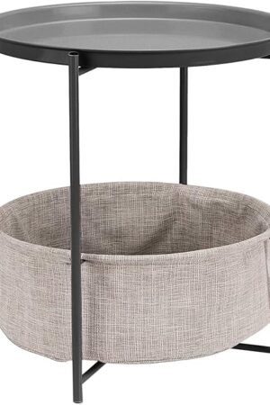 Amazon Basics Round Storage End Table, Side Table with Cloth Basket, Charcoal/Heather Gray, 17.7 x 17.7 x 18.9 in