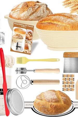 24 PCS Sourdough Starter Kit w/ 34oz Sourdough Starter Jar, Sourdough Bread Baking Supplies 9" Round & 10" Oval Silicone Banneton Bread Proofing Baskets & Baking Tools Set, Ideal Gift for Baking Gift