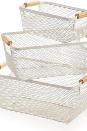3 Pack Metal Mesh Baskets with Wood Handle, Iron Storage Organizer Basket, White Wire Countertop Baskets for Organizing, Cabinet Pantry Closet Bedroom Kitchen(3 Size)