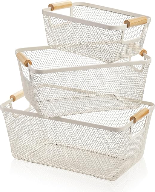 3 Pack Metal Mesh Baskets with Wood Handle, Iron Storage Organizer Basket, White Wire Countertop Baskets for Organizing, Cabinet Pantry Closet Bedroom Kitchen(3 Size)