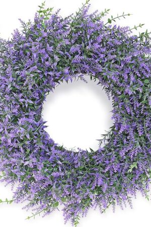 26" Lavender & Eucalyptus Wreath for Front Door, Porch, Window - Large Artificial Greenery Outdoor Wreath for Home, Farmhouse Decor - Spring, Summer, Fall, All Seasons (Purple)
