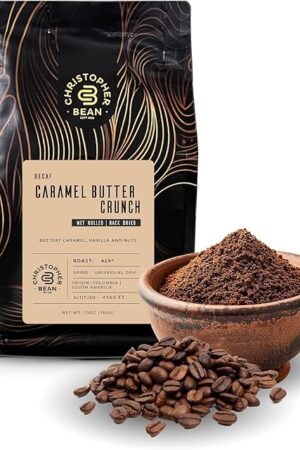 Christopher Bean Coffee - Certified Kosher - Decaf Ground Caramel Butter Crunch Flavored Coffee with Medium Roast | Caramel Butter Crunch Coffee No Sugar with 100% Arabica, No Fats, Non-GMO | 10-Ounce