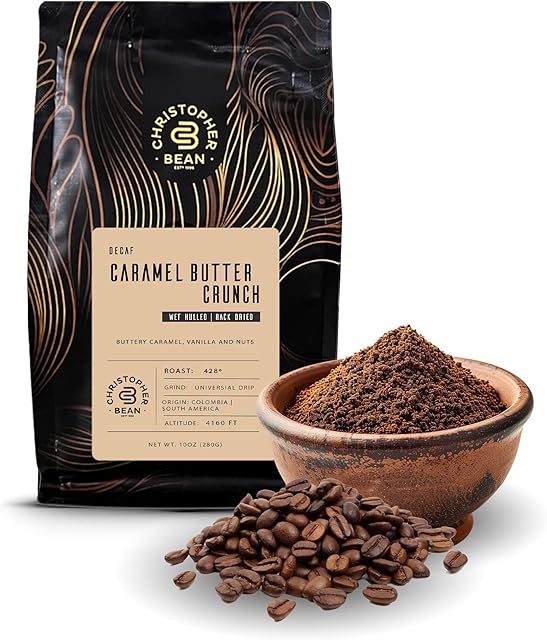 Christopher Bean Coffee - Certified Kosher - Decaf Ground Caramel Butter Crunch Flavored Coffee with Medium Roast | Caramel Butter Crunch Coffee No Sugar with 100% Arabica, No Fats, Non-GMO | 10-Ounce