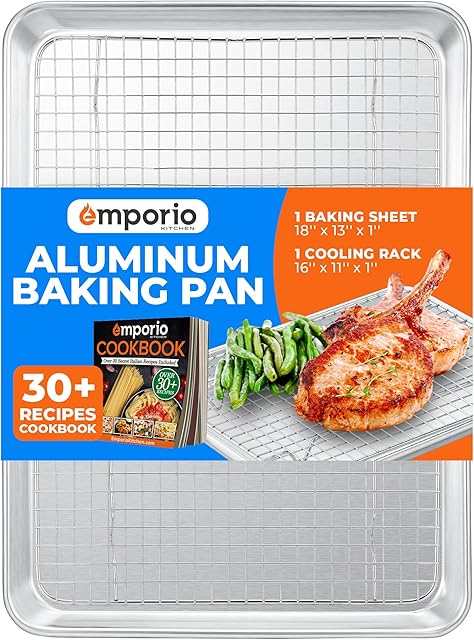 Baking Pan Set - 13" x 18" Aluminum Baking Pan with Stainless Steel Cooling Rack Set, PFOA, PFOS, PTFE Free, Recipe Booklet Included, Oven Safe Tray, Resist Heat Up To 500° F, Set of 2