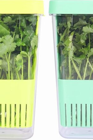 2 Pack Herb Keeper, BPA-Free Plastic Herb Saver with an Inner Basket for Cilantro, Mint, Parsley, and Asparagus, Keeps Fresh Herbs for 3 Times Longer