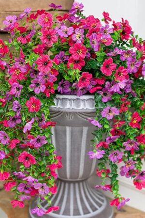 Artificial Flowers for Outdoors Fake Hanging Decoration, 2Pcs Purple and Hotpink Spring Decor, Realistic Plants, UV & Fading Resistant Silk Flower for Porch Patio Balcony Planter Yard