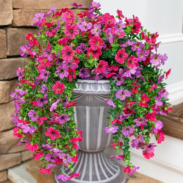Artificial Flowers for Outdoors Fake Hanging Decoration, 2Pcs Purple and Hotpink Spring Decor, Realistic Plants, UV & Fading Resistant Silk Flower for Porch Patio Balcony Planter Yard