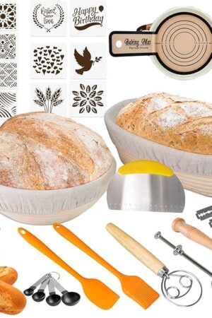 Banneton Bread Proofing Baskets, 9 Inch Round & 10 Inch Oval Sourdough Basket with Upgrade Complete Bread Baking Supplies, ALL-IN-ONE Sourdough Starter Kit, Premium Gift Set