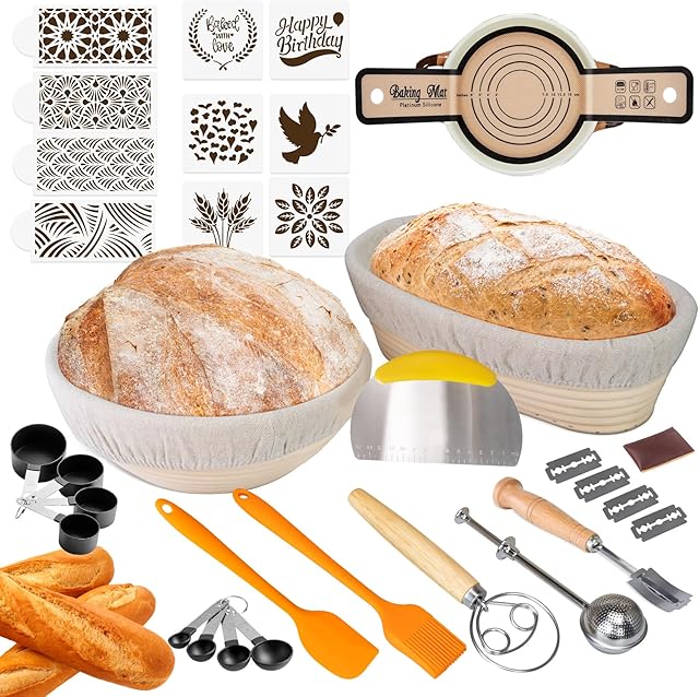 Banneton Bread Proofing Baskets, 9 Inch Round & 10 Inch Oval Sourdough Basket with Upgrade Complete Bread Baking Supplies, ALL-IN-ONE Sourdough Starter Kit, Premium Gift Set