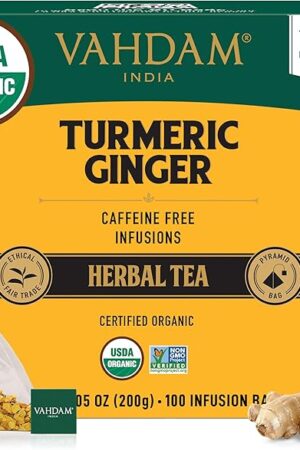 VAHDAM, Organic Turmeric Ginger Herbal Tea Bags (100 Pyramid Tea Bags) Caffeine Free, Non GMO | 100% Pure Herbal Blend - Savory & Spicy, Plant-Based Teabags | Resealable Ziplock Pouch