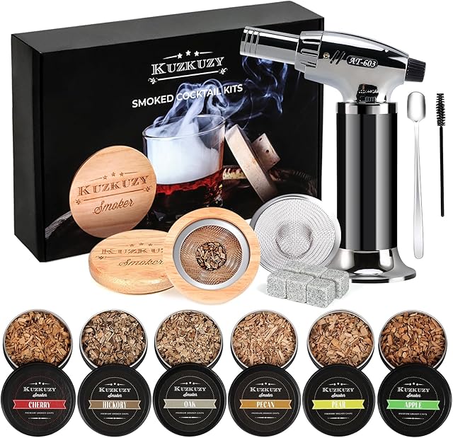 Cocktail Smoker Kit with Torch – 6 Flavors Wood Chips – Bourbon, Whiskey Smoker Infuser Kit, Old Fashioned Drink Smoker Kit, Birthday Bourbon Whiskey Gifts for Men, Dad, Husband (Without Butane)
