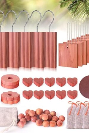 Woodever Cedar Blocks for Clothes Storage 56 Pcs, Planks with Metal Hooks, Cedar Wood Chips and Balls for Closets and Drawers, Fresh Scented Sachets