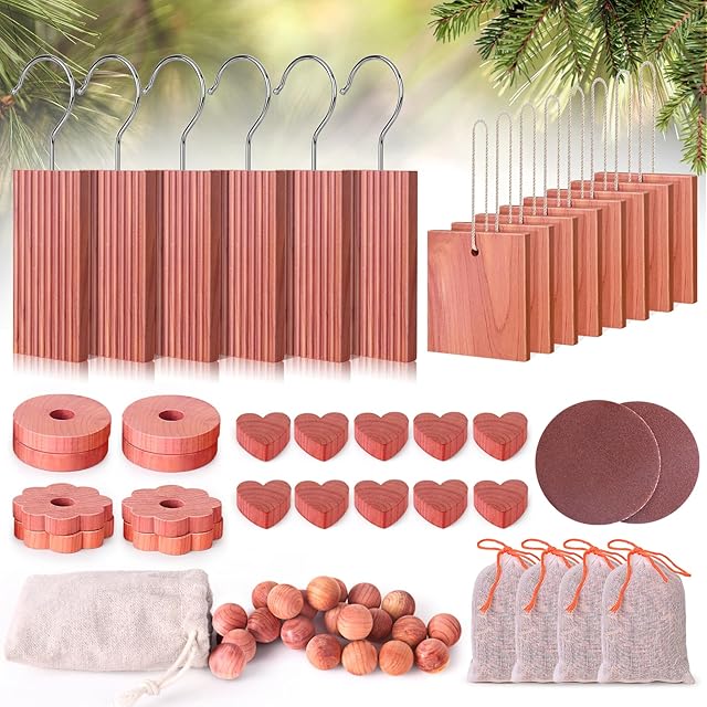 Woodever Cedar Blocks for Clothes Storage 56 Pcs, Planks with Metal Hooks, Cedar Wood Chips and Balls for Closets and Drawers, Fresh Scented Sachets
