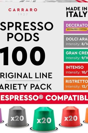 CARRARO Variety Pack - 100 Premium Espresso Pods Compatible with Nespresso Original Machines - Medium & Dark Roast Espresso Aluminum Capsules, 10 Packs - 100 Servings, Made in Italy