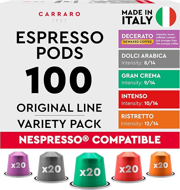 CARRARO Variety Pack - 100 Premium Espresso Pods Compatible with Nespresso Original Machines - Medium & Dark Roast Espresso Aluminum Capsules, 10 Packs - 100 Servings, Made in Italy