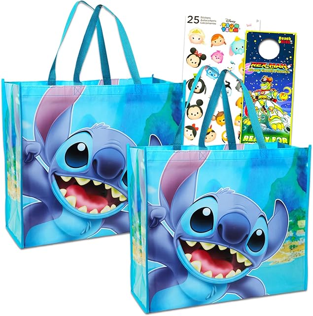 Disney Stitch Tote Bag Bundle Lilo and Stitch Accessories - 3 Pc Stitch Grocery Bag Set Tsum Tsum Stickers | Stitch Reusable Bags
