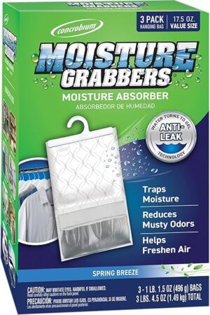 Concrobium 378488 Moisture Grabbers, 3-Pack 17.5 oz Spring Breeze Pouches, Anti-Leak Gel Technology, Covers Up to 350 cu ft.