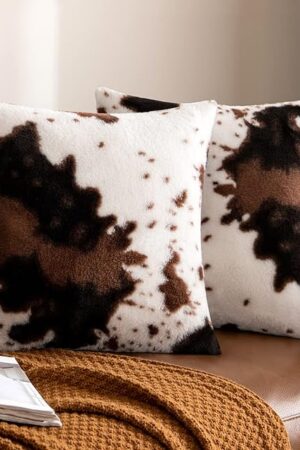 Woaboy Pack of 2 Luxury Faux Fur Throw Pillow Covers Cowhide Decorative Soft Fluffy Plush Couch Throws Brindle Cushion Covers for Couch Living Room Sofa Bedroom 18x18 Inch